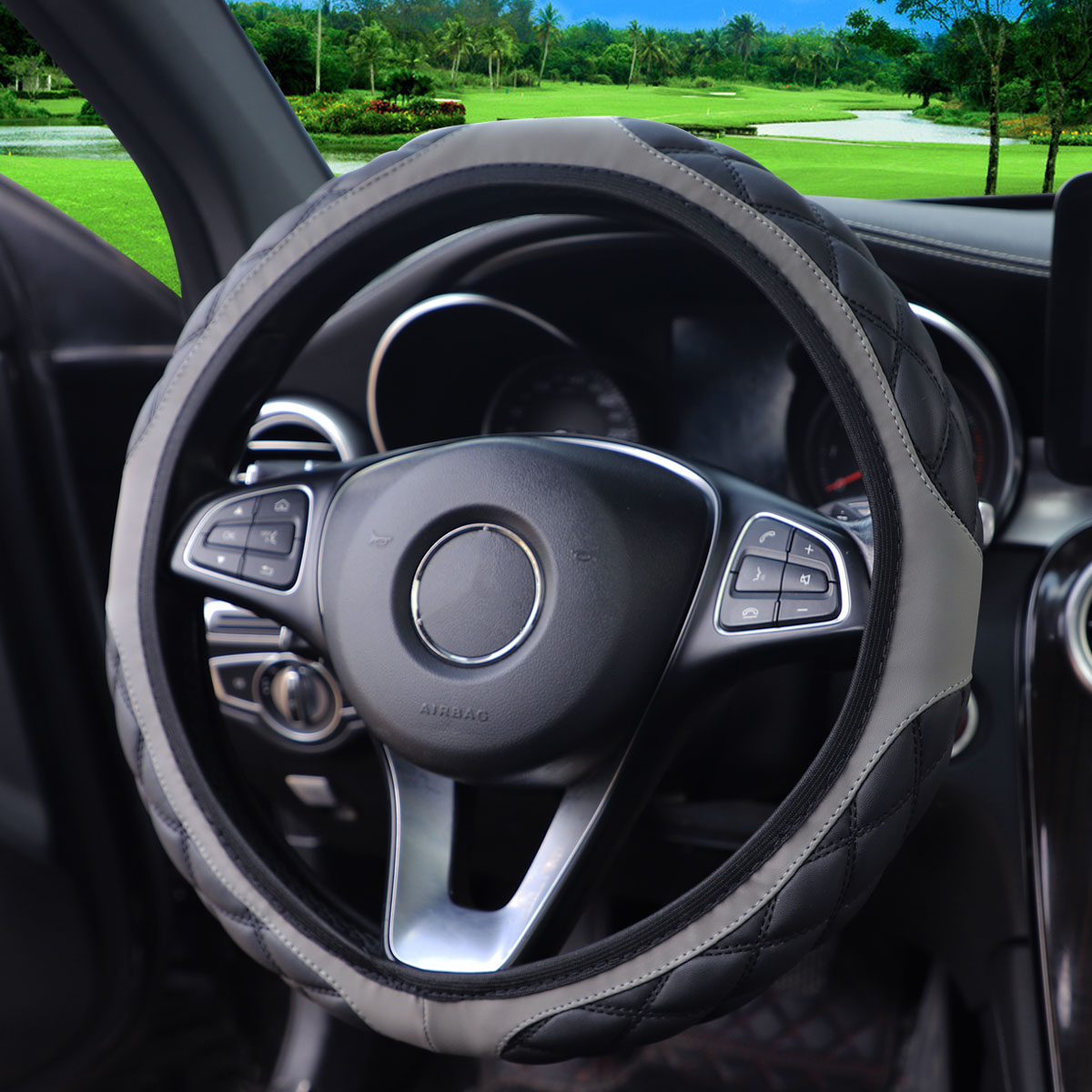 1 Leder-Stereo-Lenkradbezug mit Stickerei, bequem, rutschfest, ohne Innenring für 14,1-15-Zoll-Autos: Grau