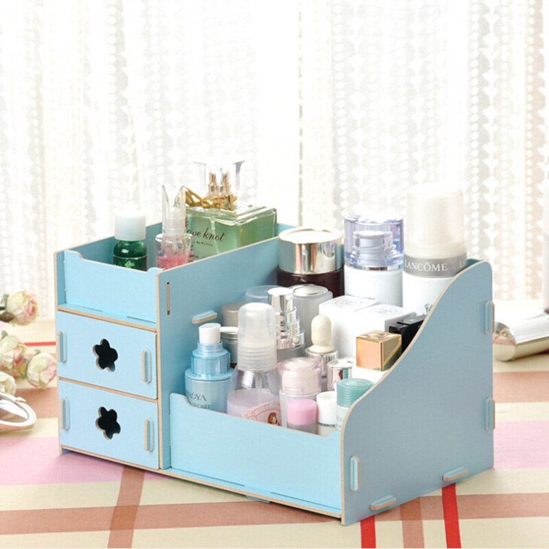 Container Makeup Organizer Case Handmade DIY Assembly Cosmetic Organizer Wood Box Wooden Office Storage Box: blue