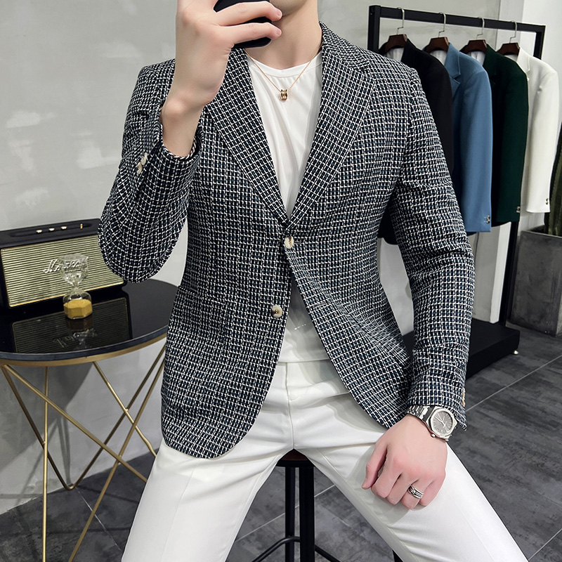 Blazer a cuadros de estilo británico para hombre, traje informal de negocios, chaqueta Formal para de boda, 2022