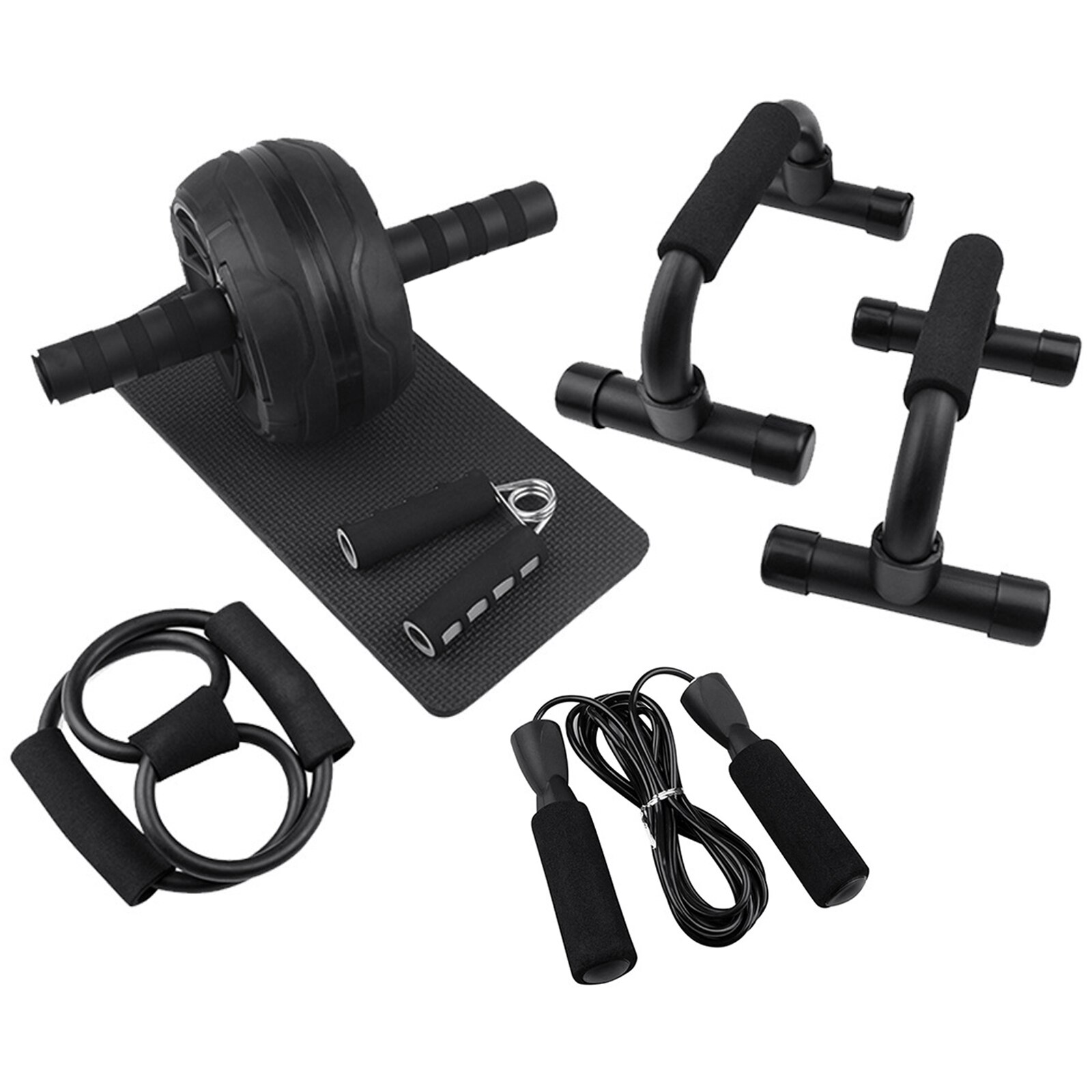 AB Wheel Roller Kit Abdominal Wheel Set with Push-Up Bar Jump Rope Hand Gripper and Knee Pad Home Gym Workout Equipment: Black 7pcs