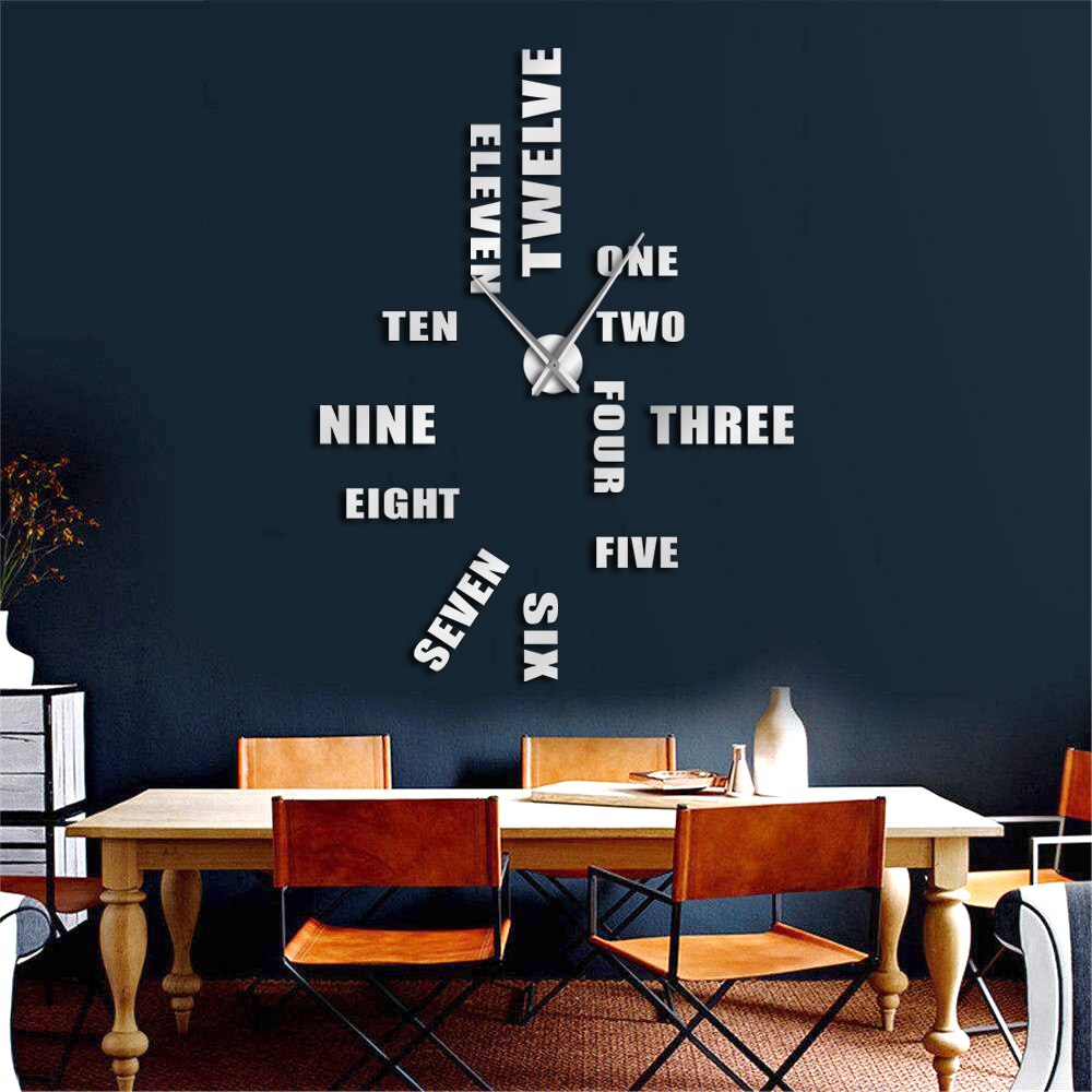 DIY English Letter Number Wall Clock Modern 3D Sticker Frameless DIY Giant Wall Clock Simple Quiet Sweep Wall Watch Decor