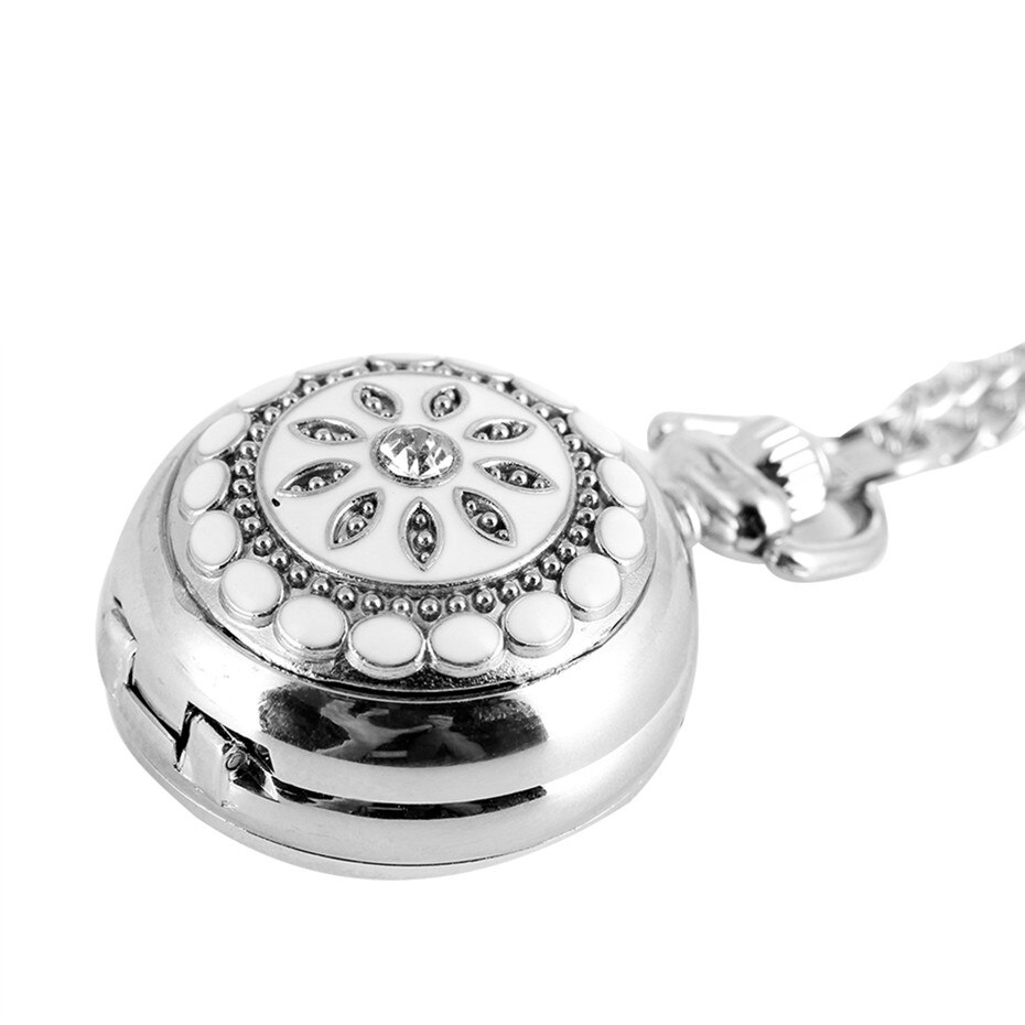 Silver Flower Quartz Pocket Watch Necklace Pendant Women Lady P205