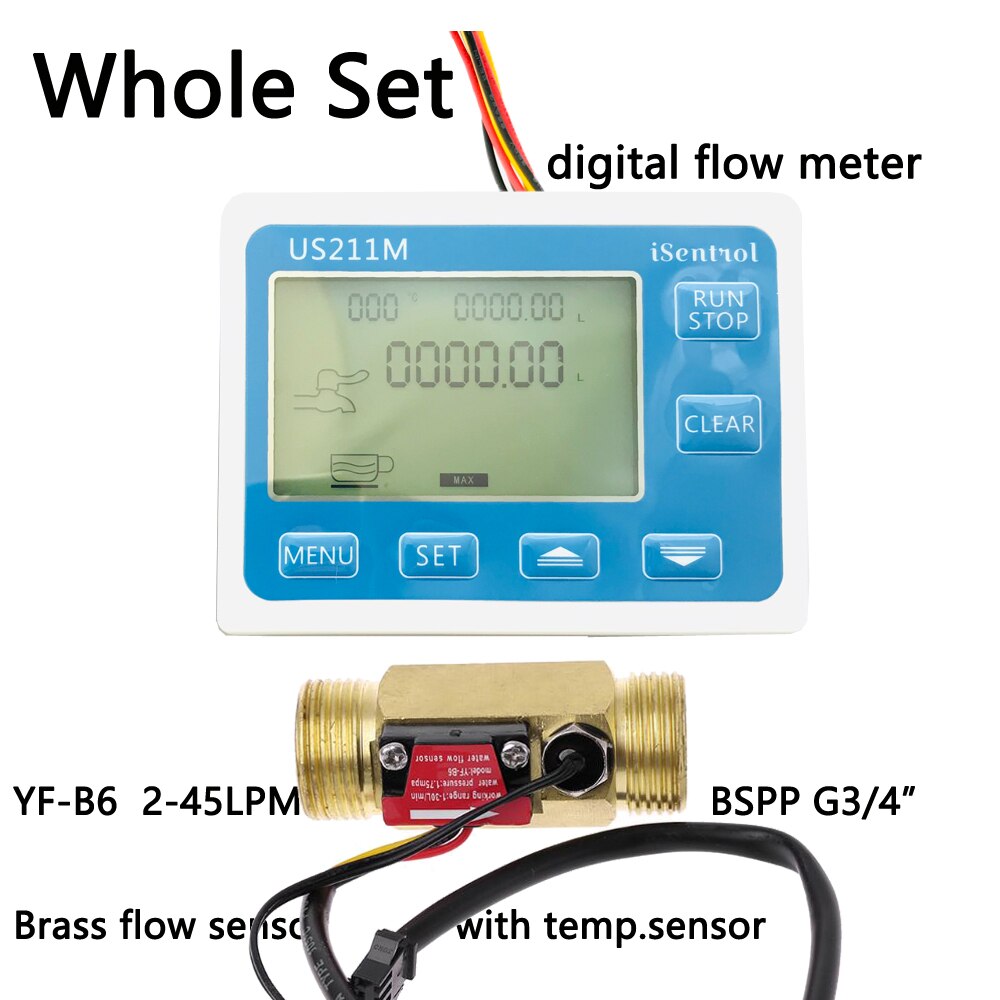 US211M Water Flow Meter and YF-B6-T Hall Water Flow Sensor Brass G3/4" 2-45L/min 24V Turbine Flowmeter with NTC50K Temperature: whole set