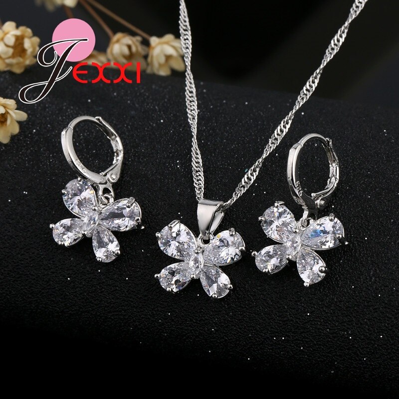 Elegante borboleta gota de água zircônia cúbica s925 prata esterlina feminino colar brincos conjunto jóias para o casamento