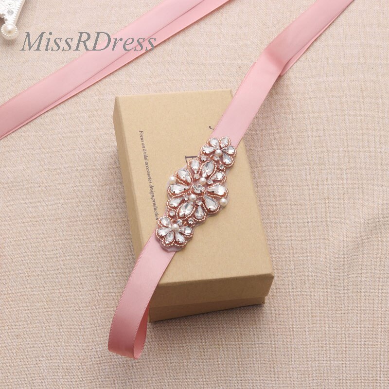 MissRDress Rhinestones Pearls Bridal Belt Hand Beaded Wedding Belt Rose Gold Crystal Bridal Sash For Wedding Dresses JK894