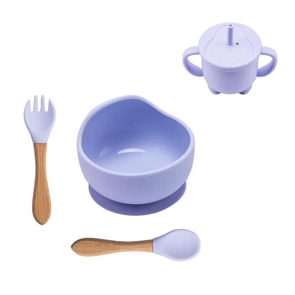 Tazón de silicona para bebé, vajilla con ventosa fuerte, taza de paja, tenedor, cuchara con forma de dibujos animados, juego de alimentación para niños sin BPA: F