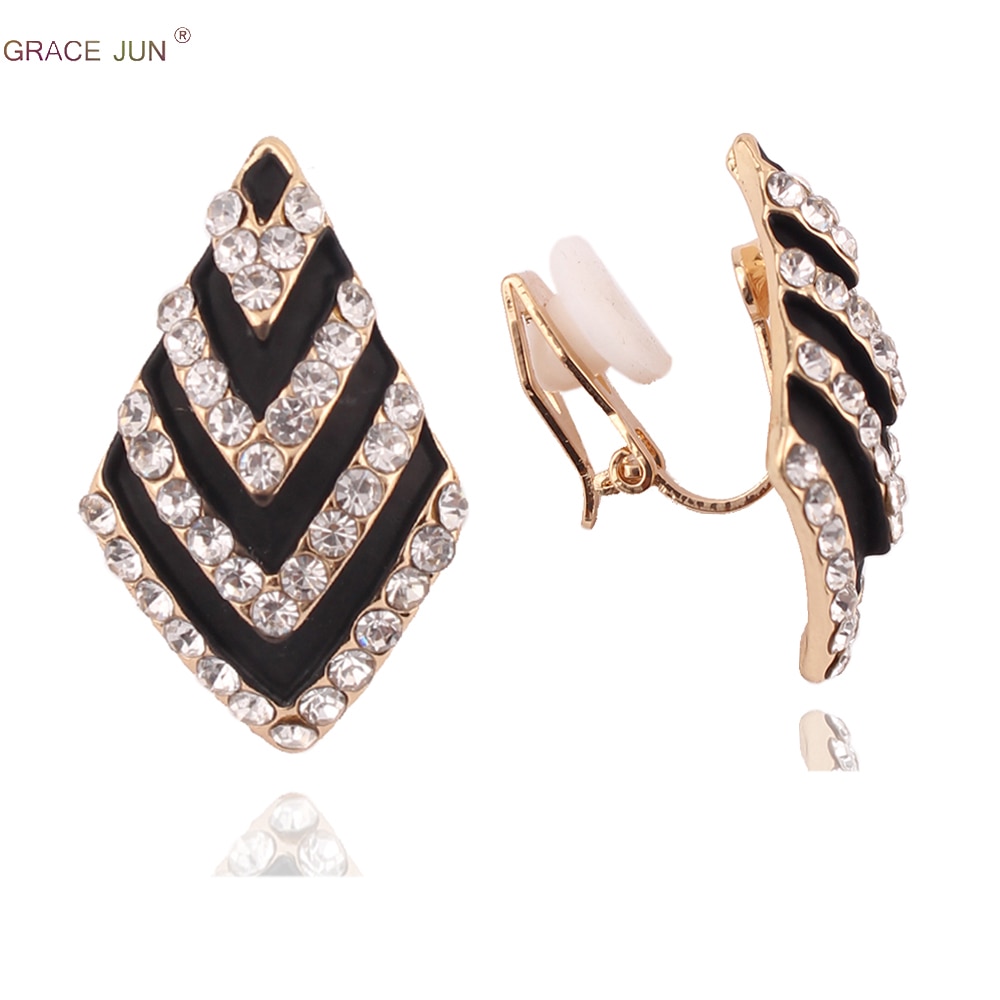 GRACE JUN-pendientes con forma de Clip para mujer, Color dorado y negro, con diamantes de imitación, elegantes, sin agujero para la oreja