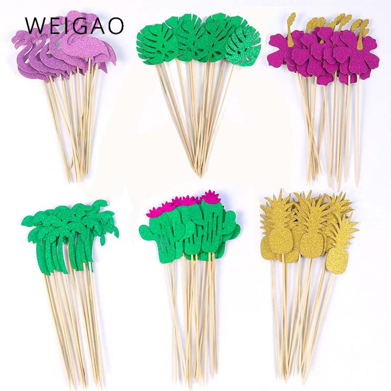 12Pc Summer Hawaii Theme Party Cup Cake Topper Flamingo Palm Leaves Pineapple Wedding Decoration Tropical Birthday Dessert Decor