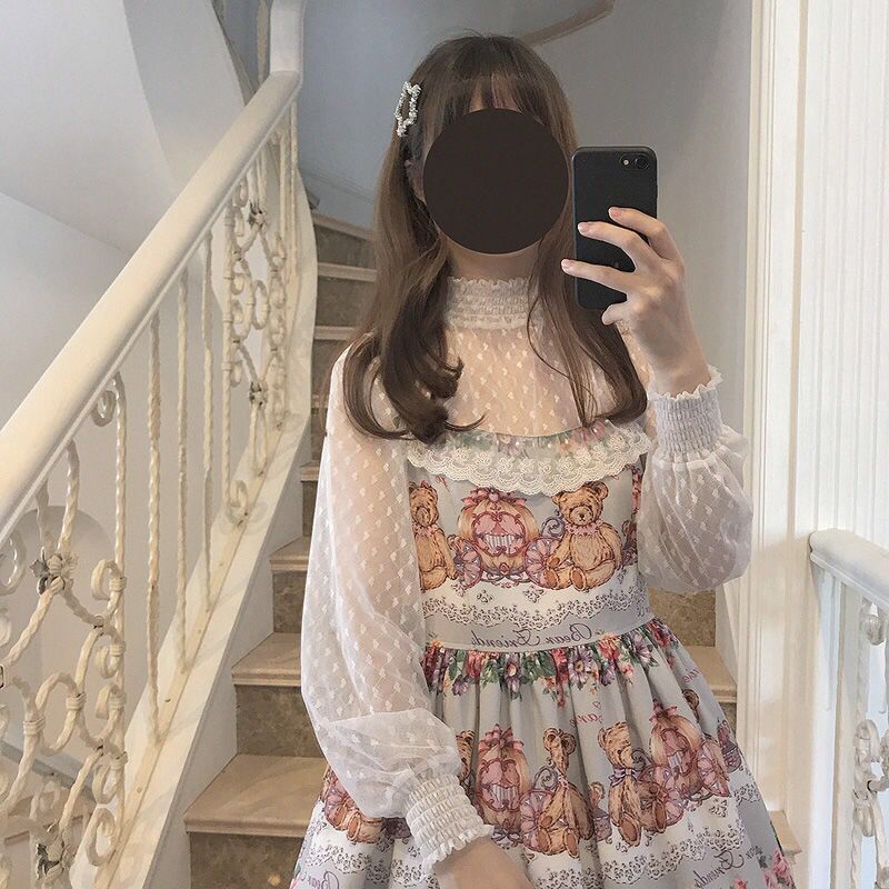 Söt vild lolita skjorta spets lykta ärm dam blusar chiffong knopp mesh gasväv blus inuti spets topp
