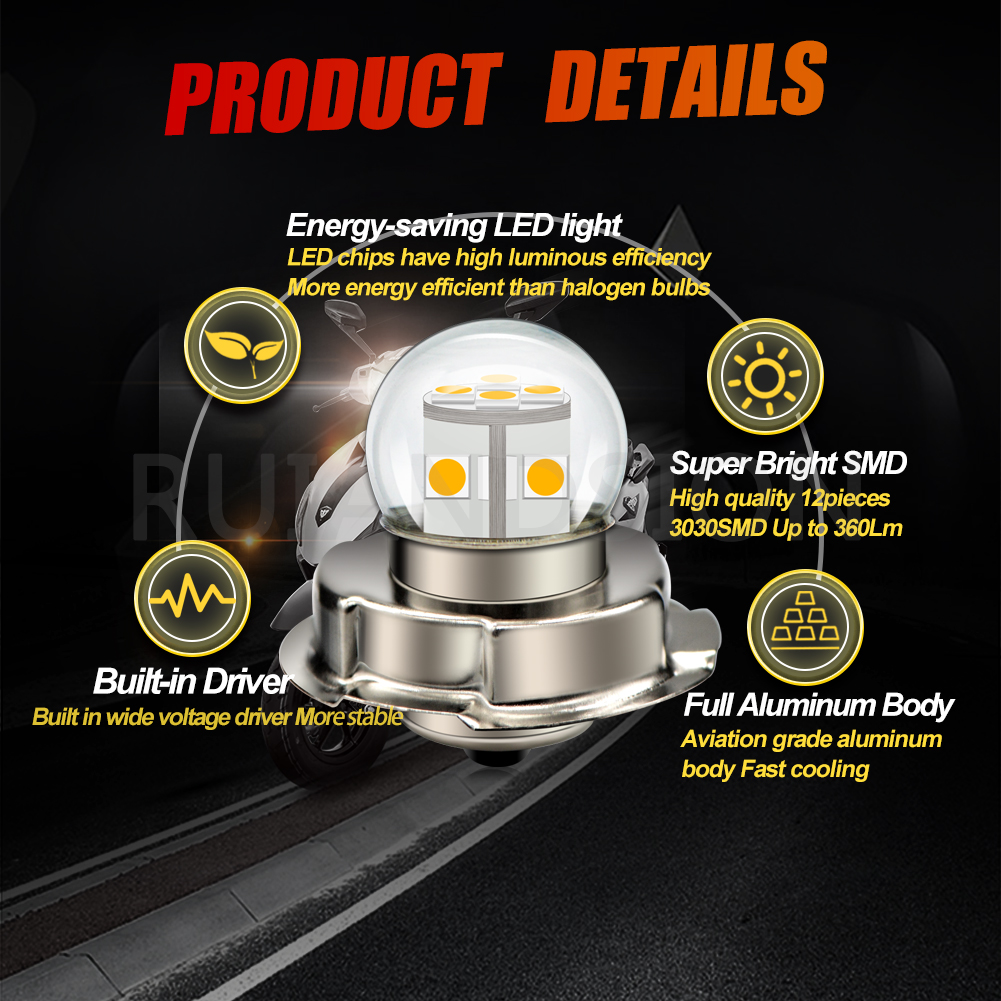 Ruiandsion  p26s p45t led-lampa scooteradapter motorcykel led-strålkastarlampa racerlampa 6v 12v 24v 30v vit varmvit gul