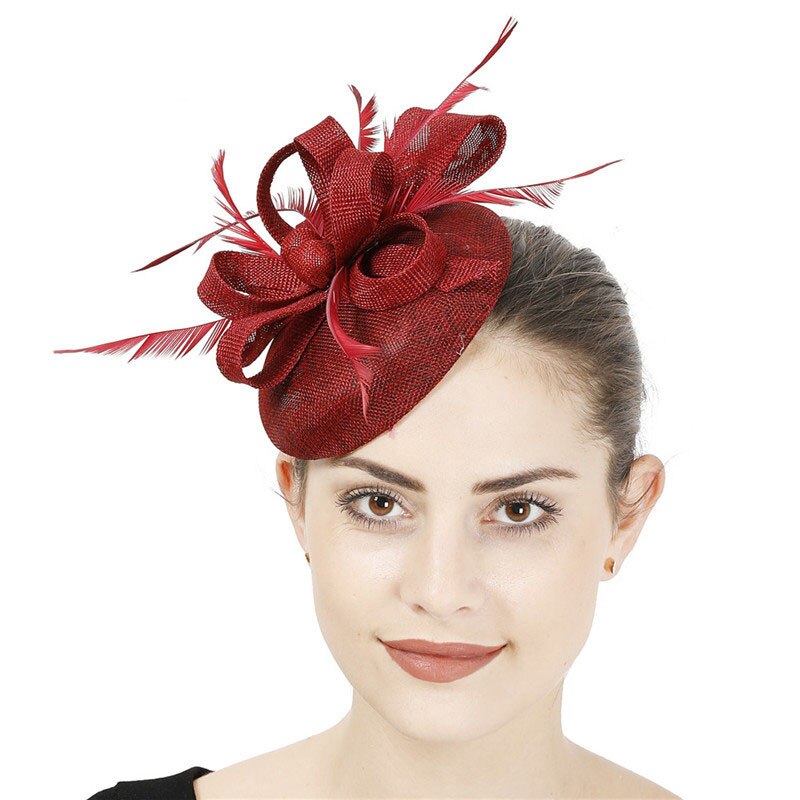 Fs Vrouwen Vintage Kerk Hoed Tovenaar Grote Derby Rose Rode Hoofdband Veer Mesh Party Hoeden Cocktail Grote Bruiloft Hoeden Fedora: Wine Red