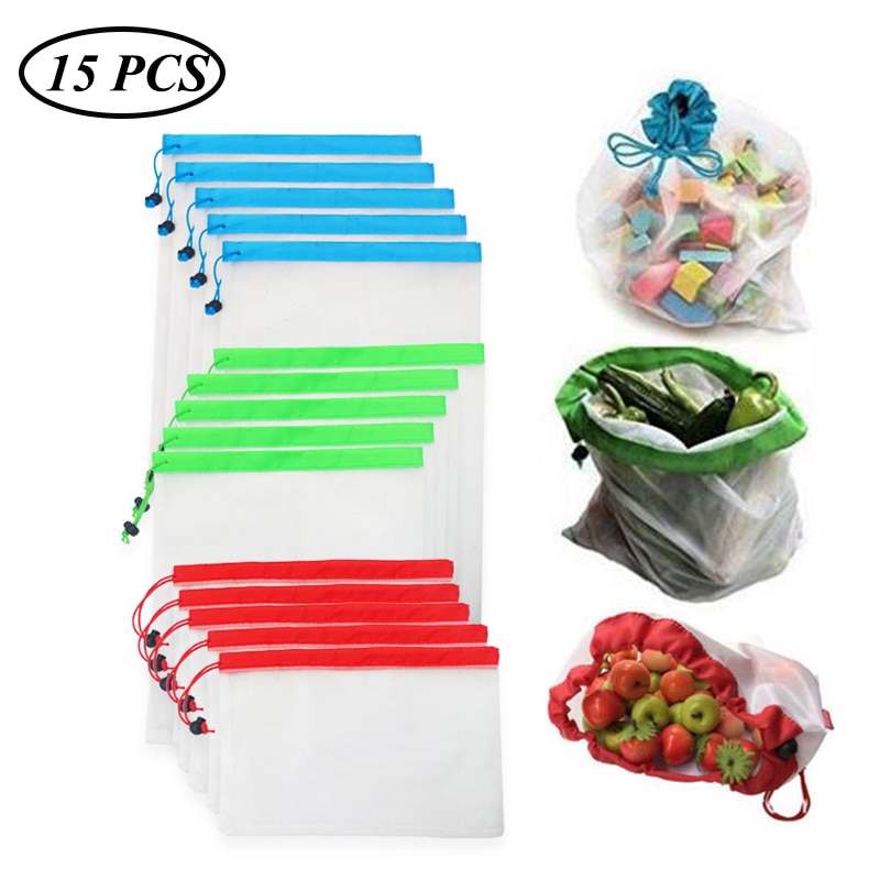15pcs/lot Reusable Mesh Produce Bags Washable Eco Friendly Bags for Grocery Shopping Storage Fruit Vegetable Toys Sundries Bag