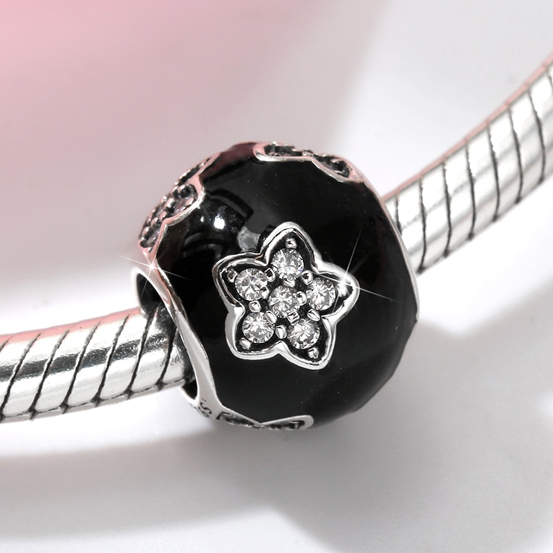 100% real 925 prata esterlina preto enemal espumante cz flores contas caber encantos originais jiuhao feminino pulseira jóias fazendo