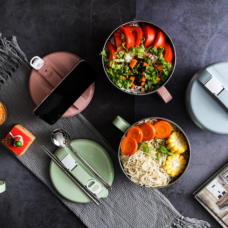 Fideo Bowl Soup Bowl con mango Bento fiambrera contenedor de almuerzo caja de almuerzo para niños Bento Box tazón de acero con tapa