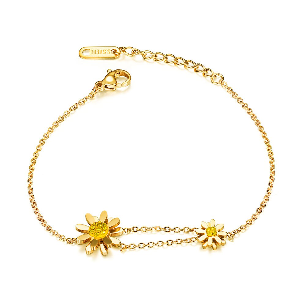 Lokaer Stainless Steel CZ Crystal Sun Flower Daisy Charm Bracelets Bohemia Link & Chain Bracelet For Women Girls B17089: Gold-color