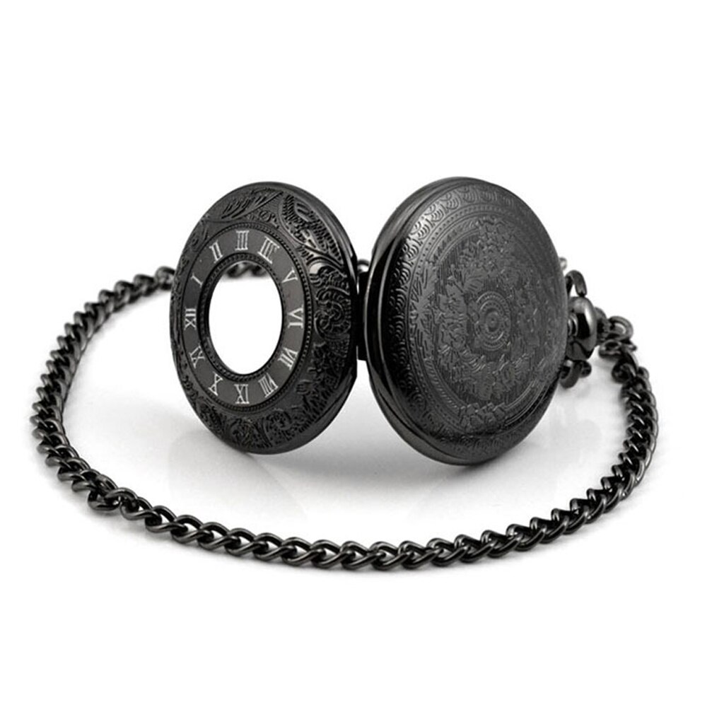 Unisex retro klassiek quartz zakhorloge ketting romeinse cijfers zwart