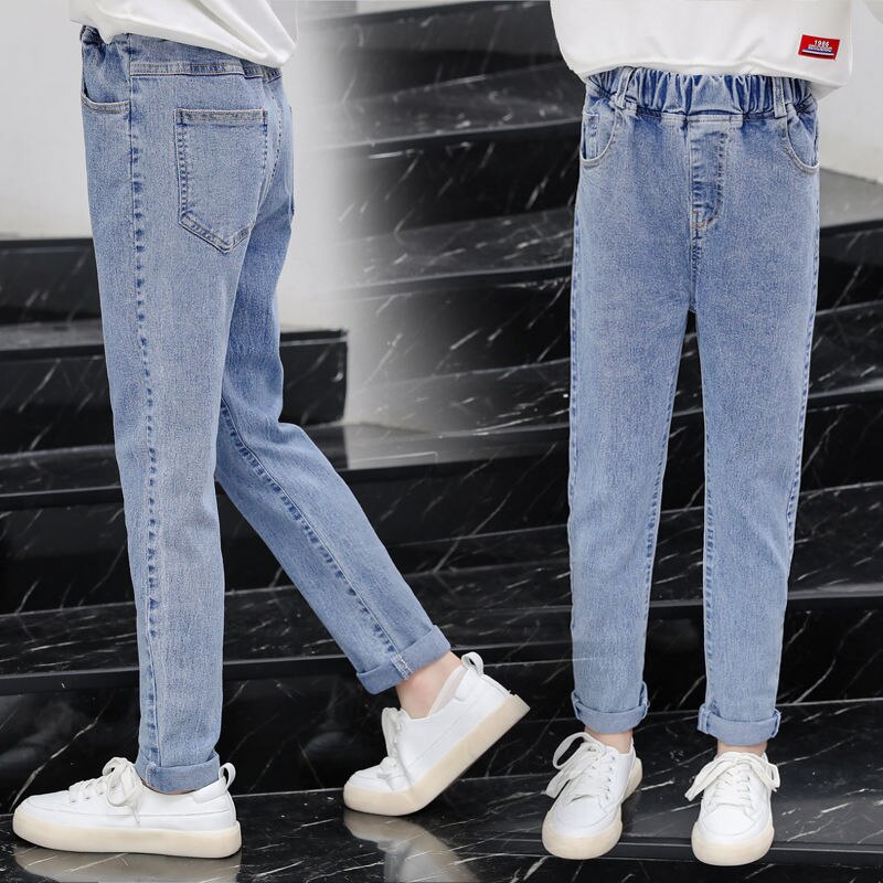 Vår höst barnkläder flickor jeans barn jeans byxor byxor resår i midjan bred casual tonåring jeans för tjej  w485