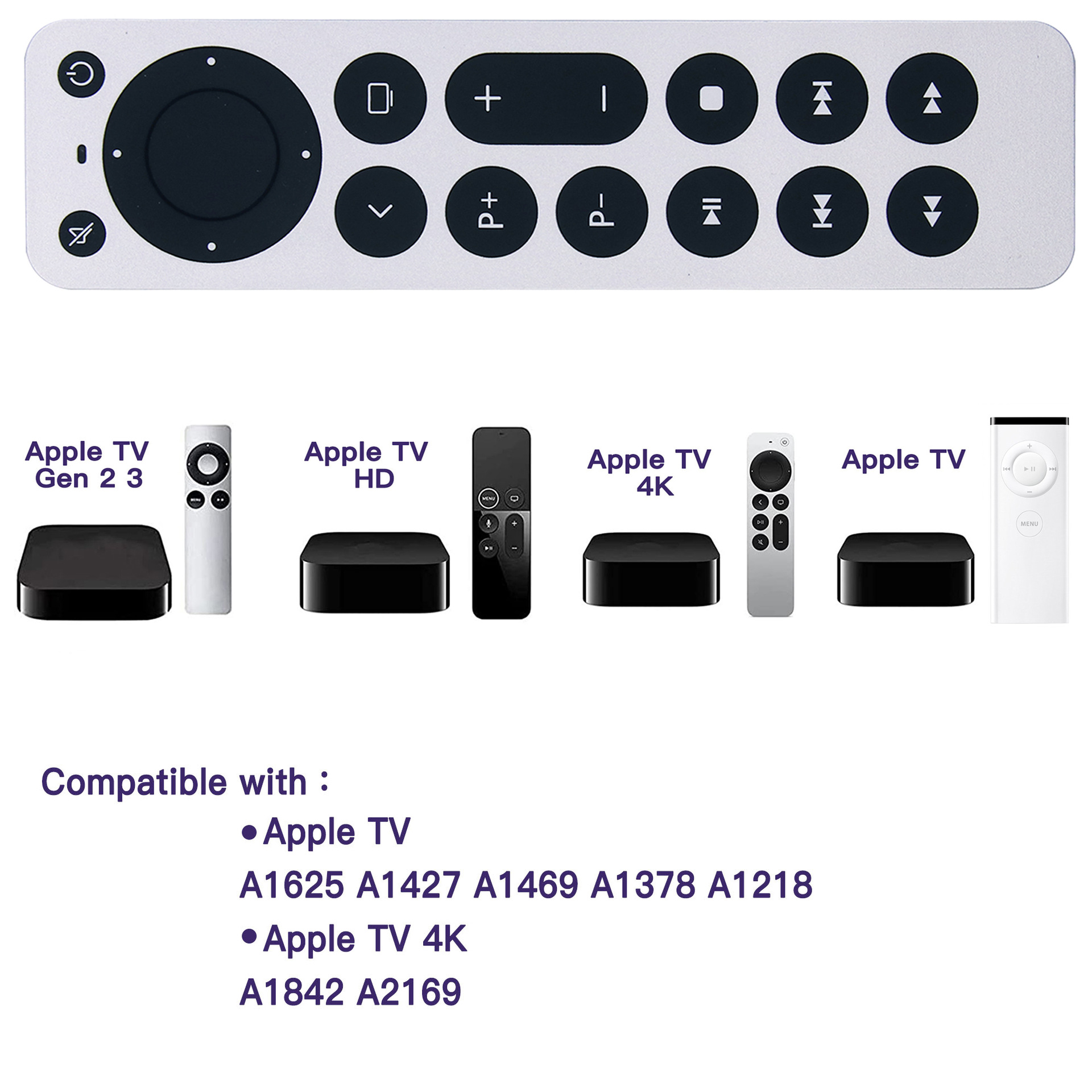 Télécommande Apple TV de remplacement pour Apple TV 4K/Gen 1 2 3 4/ HD A2843 A2737 A2169 A1842 A1625 A1427 A1469 A1378 A1218 (sans voix)