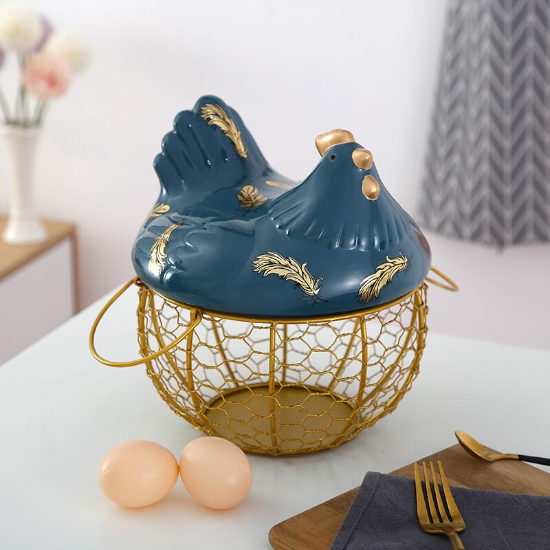 American Ceramic Egg Holder Chicken Wire Egg Basket Fruit Basket Collection Ceramic Hen Oraments Decoration Kitchen Storage: B2--Golden basket