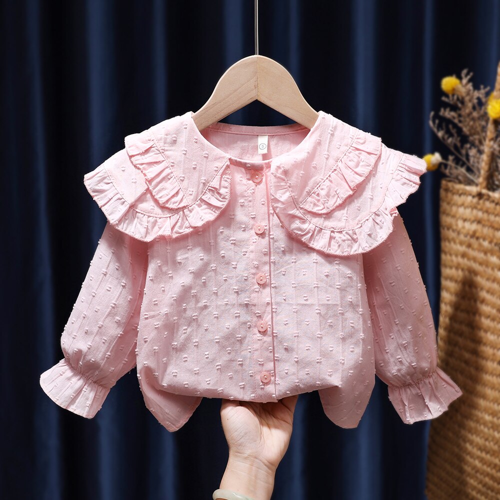 Vêtements pour filles de 1 à 8 ans, chemisier Jacquard rose solide, chemises de printemps, grand col à revers froncé, Double couche, Tops Camisas