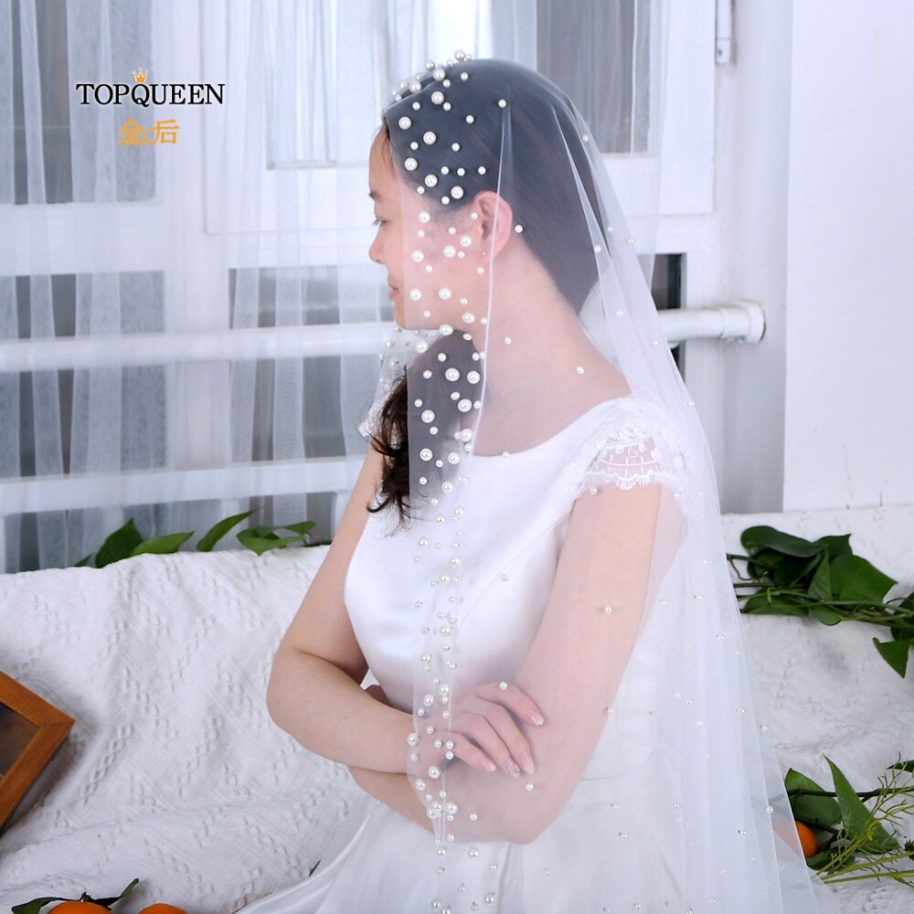 TOPQUEEN V66 Luxury Bridal Veil with Pearls Cathedral Veil Bride 3 Meters Spanish Mantilla Church's Veil Ivory Wedding Long Veil