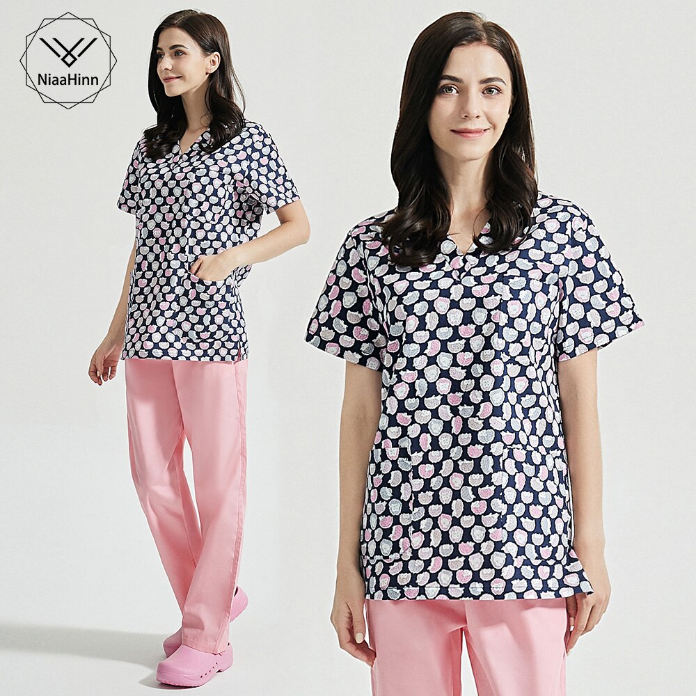 Lab cleaning job uniforms Scrubs uniform Unisex Cartoon printing scrubs tops scrubs work clothes tops/pants/set women