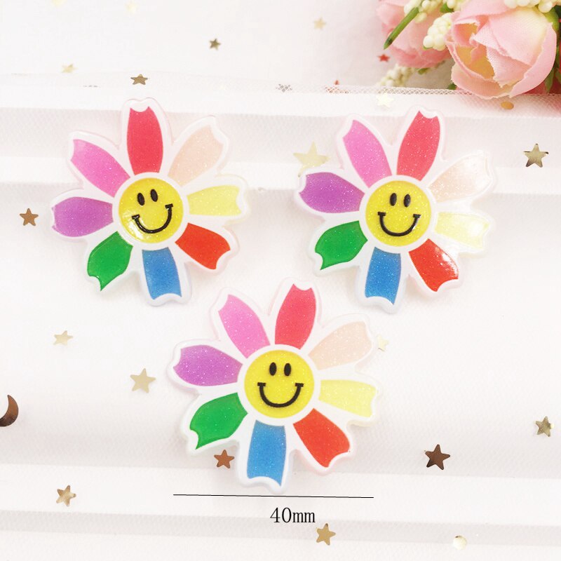 Kawaii Smile Colorful Glitter Sunflower Flat Back Acrylic Sheet Miniature Pattern Applique DIY Wedding Christmas G05: 40mm 4pcs