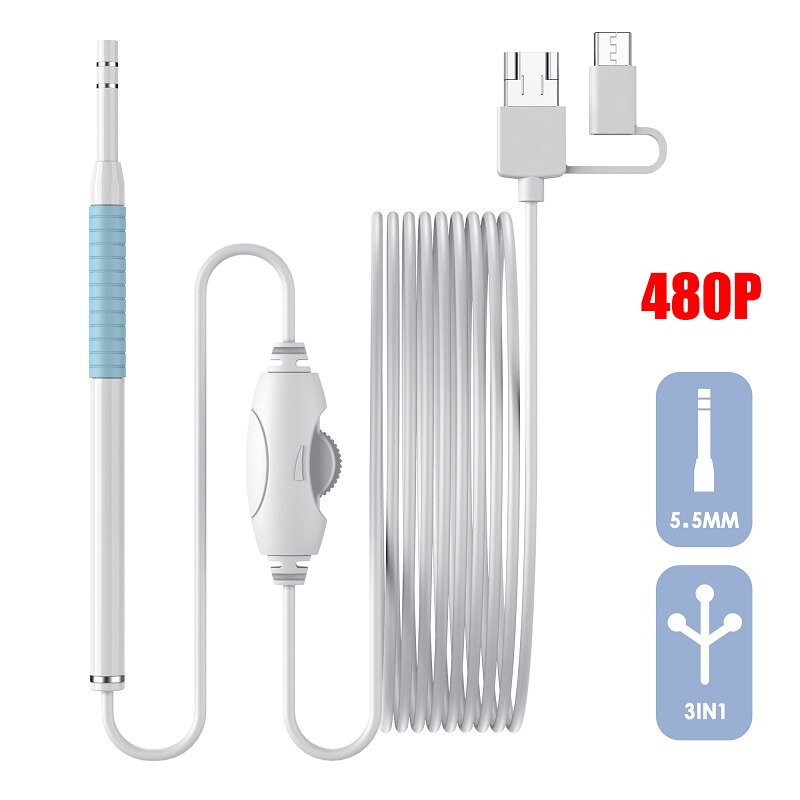 Ear Cleaning Endoscope Small 5.5mm 3 In1 Visual Ear Pick Cleaner Camera USB Ear Spoon Type C Ear Otoscope Borescope For Android: White blue 480P