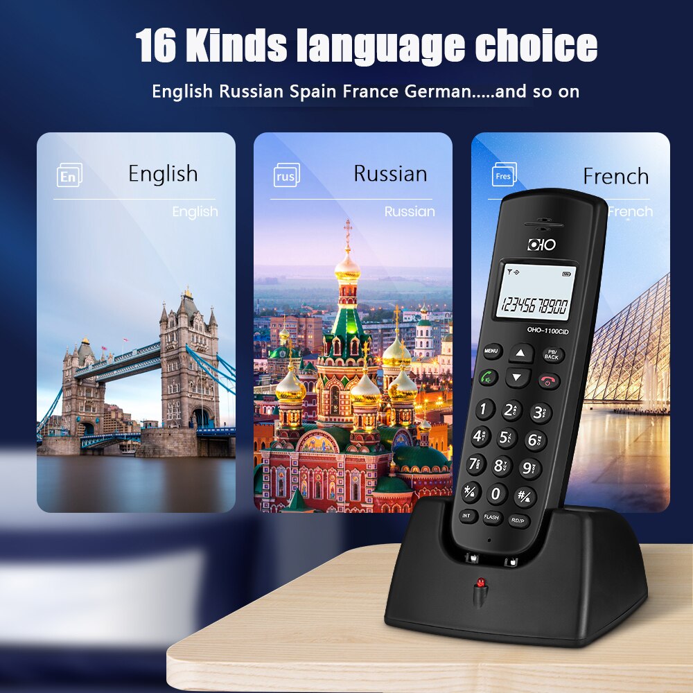 16 languages Digital Cordless Fixed Telephone With Call ID Handsfree Alarm Mute LED Screen Wireless Fixed Phone For Home Hotel