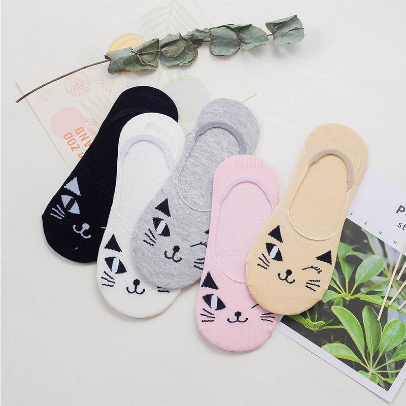 5 Paren/partij Lente Zomer Korea Sokken Vrouwen Cartoon Kat Vos Leuke Animal Print Grappige Onzichtbare Boot Katoenen Sokken