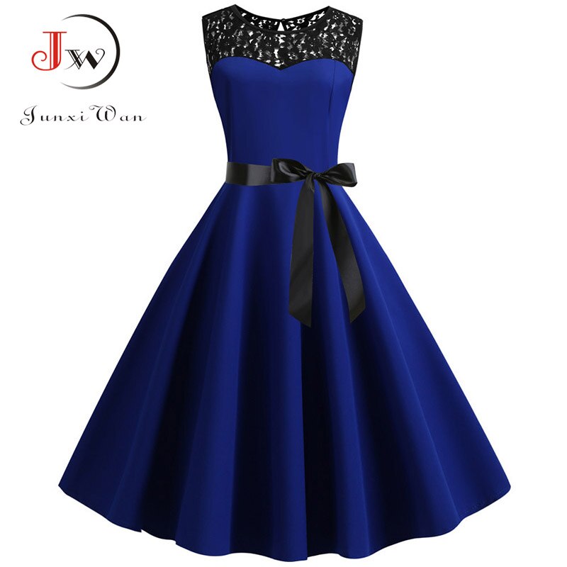Party Dress Women Summer Lace Vintage Vestidos 50s 60s Rockabilly Swing Dress Casual Midi Dresses: S / Blue