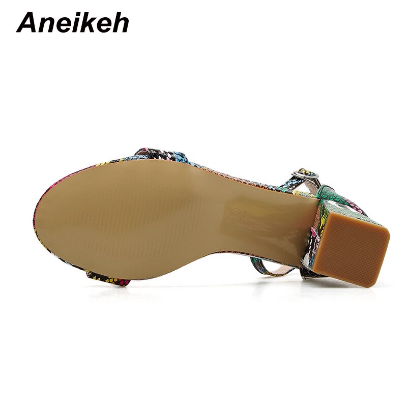 Aneikeh färg serpentine kvinnor skor peep toe 6cm höga klackar sandaler sommar fest skor pu ankel spänne sandaler pumps