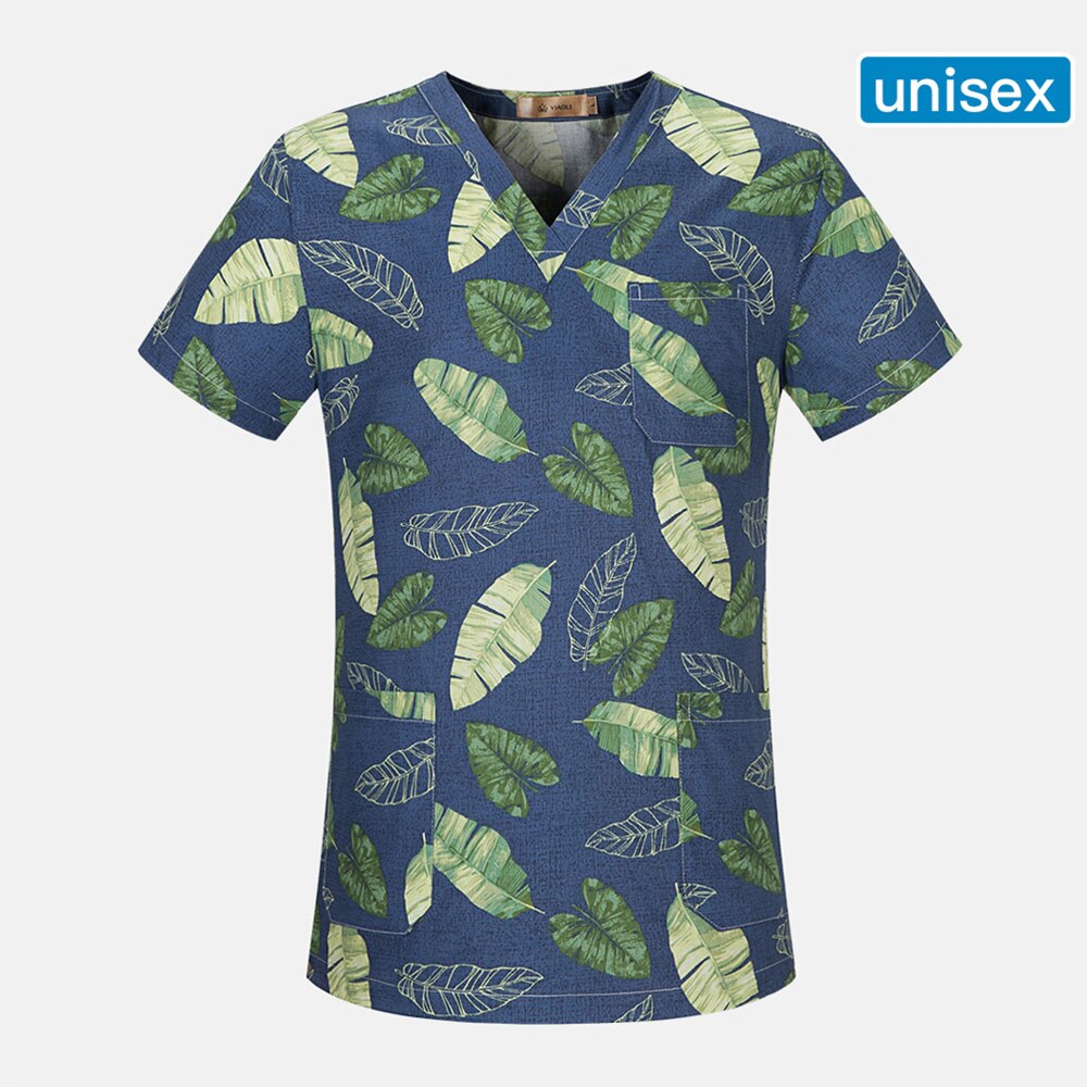 Atmungsaktive frauen Peeling oben Baumwolle einstellbare Uniform Blau Drucken Uniform V-ausschnitt Hemd labor Arbeitskleidung Neue oben + Hütte