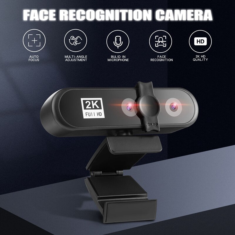 Video Conference Webcam 2K PC Web Camera with Face Recognition Dual Lens Autofocus HD Camera for Computer Live Broadcast