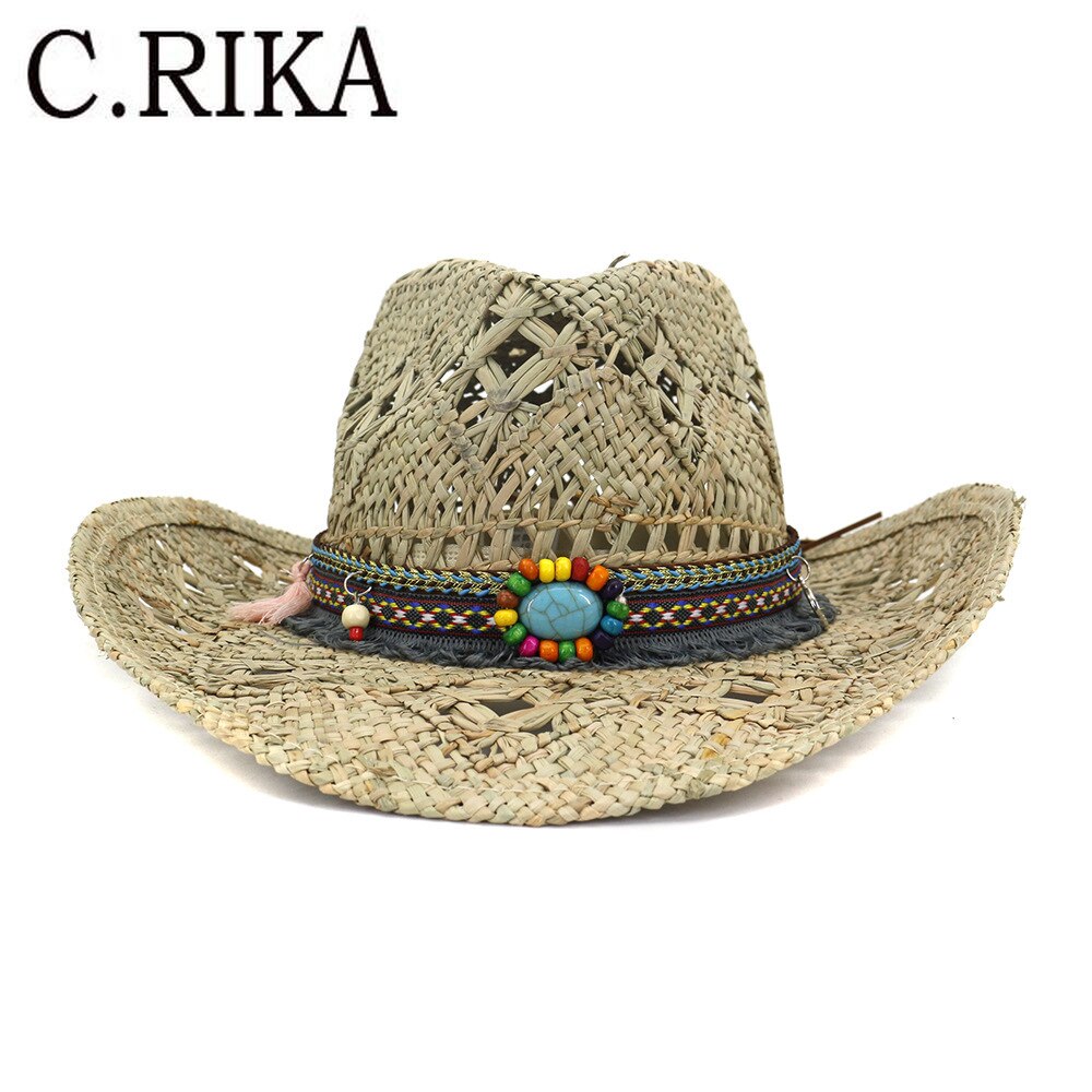 100% Natural Straw Cowboy Hat Women Men Handmade Weave Beach hat Lady Girls Tassel Summer Western Sombrero Hombre Shade Sun Hat