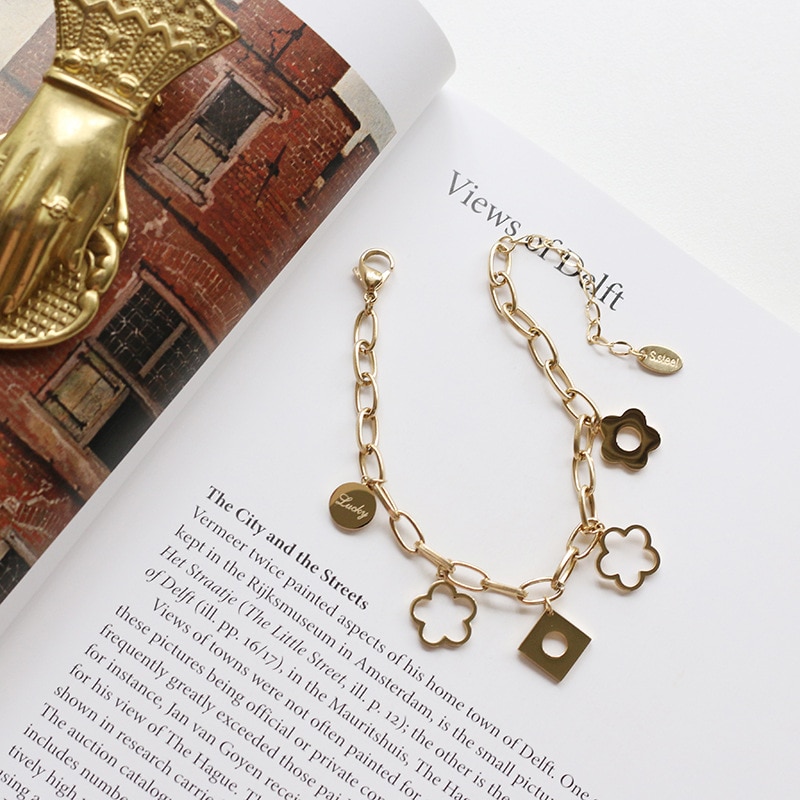 Square daisy charm Stainless steel link chain bracelet bangle gold color for women lucky geometry bracelet