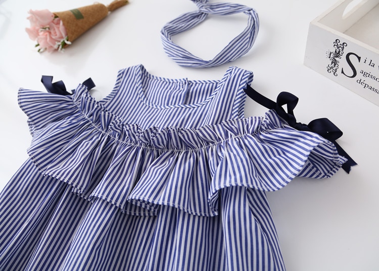 Meisjes Kleding Peuter Kids Baby Meisjes Leuke Verjaardag Kleding Blauw Gestreepte Off-Schouder Ruches Party Jurken + hoofdband