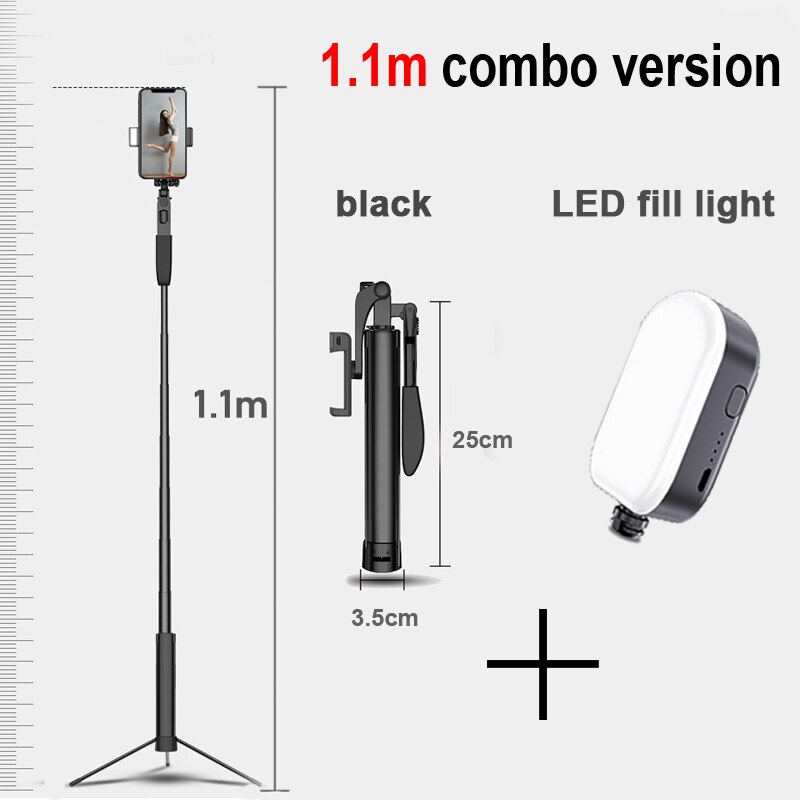 YUNAO A21 Handheld gimbal selfie stick support remote control Rechargeable bluetooth selfie stick tripod for phone selfie: 110cm-black-LED