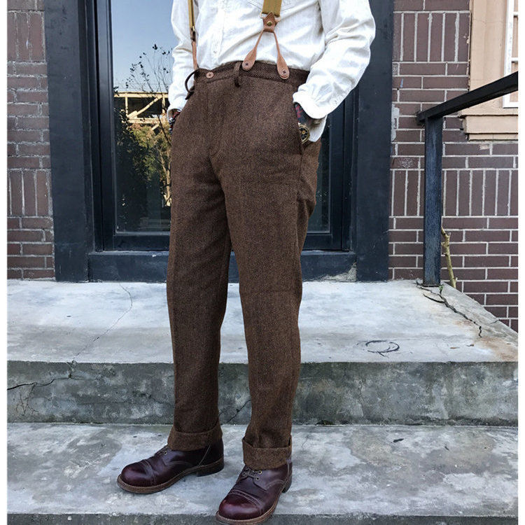 Pantalones Retro de Tweed para hombre, pantalón informal con de espiga, traje de caballero, de talla grande