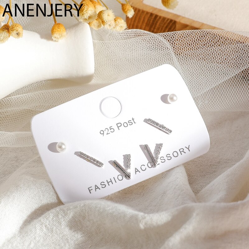 ANENJERY Semplice 6 pezzo di Piccoli Orecchini di Perle impostato punto Zircone Dritto V-a forma di Orecchini con Perno per Le Donne del Regalo S-E1215