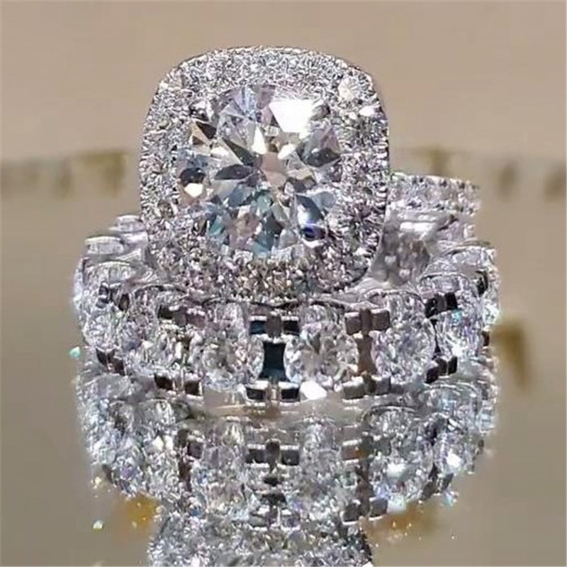 Modyle Silber Farbe Ringe einstellen Für Frauen Prinzessin Paar Ring Zirkonia Braut Hochzeit Romantische Engagement Schmuck