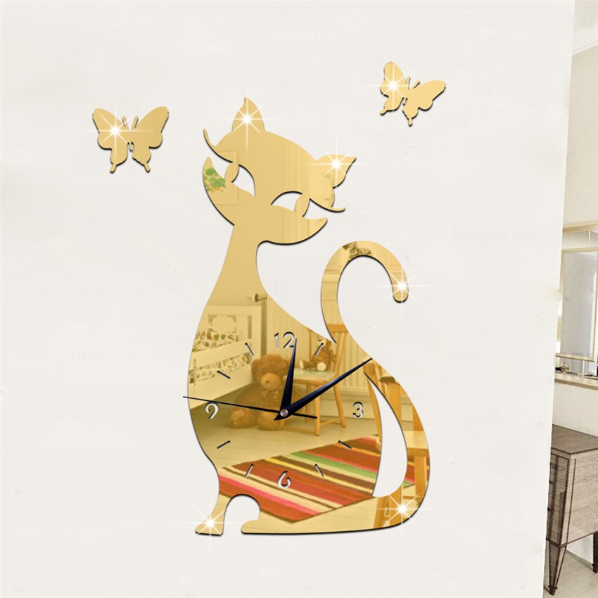 Acrylic Mirror Wall Clock Cartoon Cat Pointer Clock Watch Office Living Room Wall Mounted Clocks Decoration часы настенные: mirror - gold