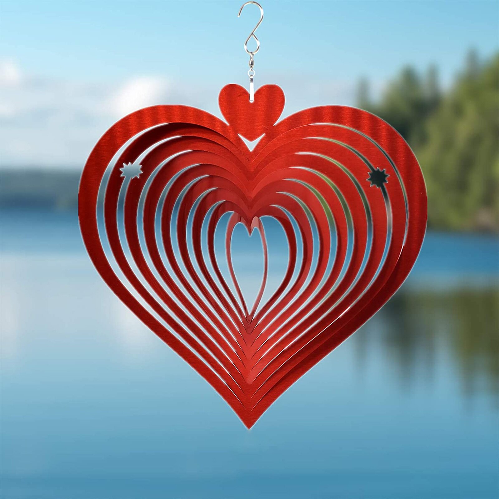 Stainless Steel Wind Spinner 3D Silent Rotating Heart-Shaped Wind Chime Indoor Window Hanging Ornament Outdoor Garden Decoration