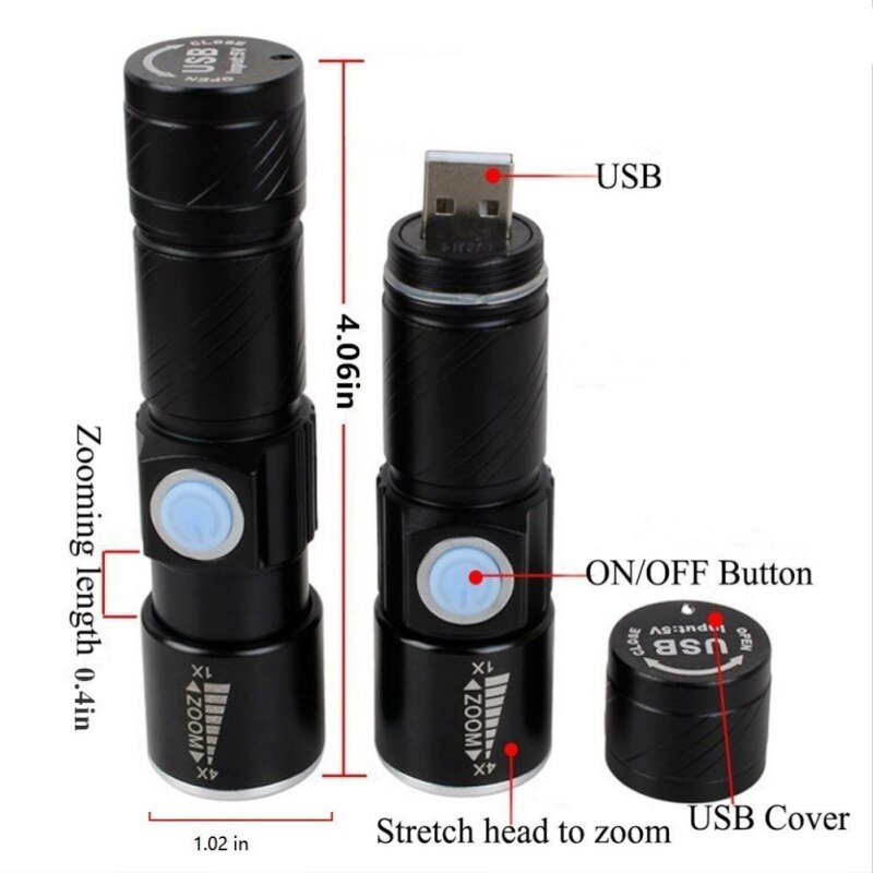 Camping Light USB Handy Powerful LED Flashlight Rechargeable Torch Flash Light Bike Pocket LED Zoomable Lamp