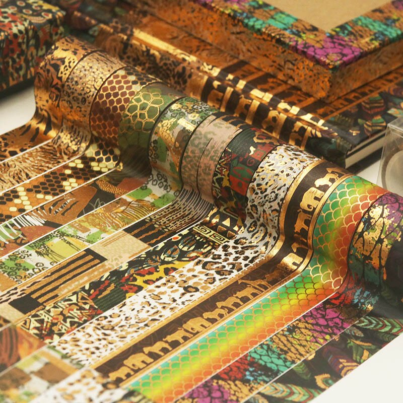 Cinta adhesiva decorativa Estilo Vintage para álbum de recortes, cinta adhesiva Washi de color negro y dorado para decoración de álbumes de recortes, papelería para diario, 10 unids/set por juego: 10