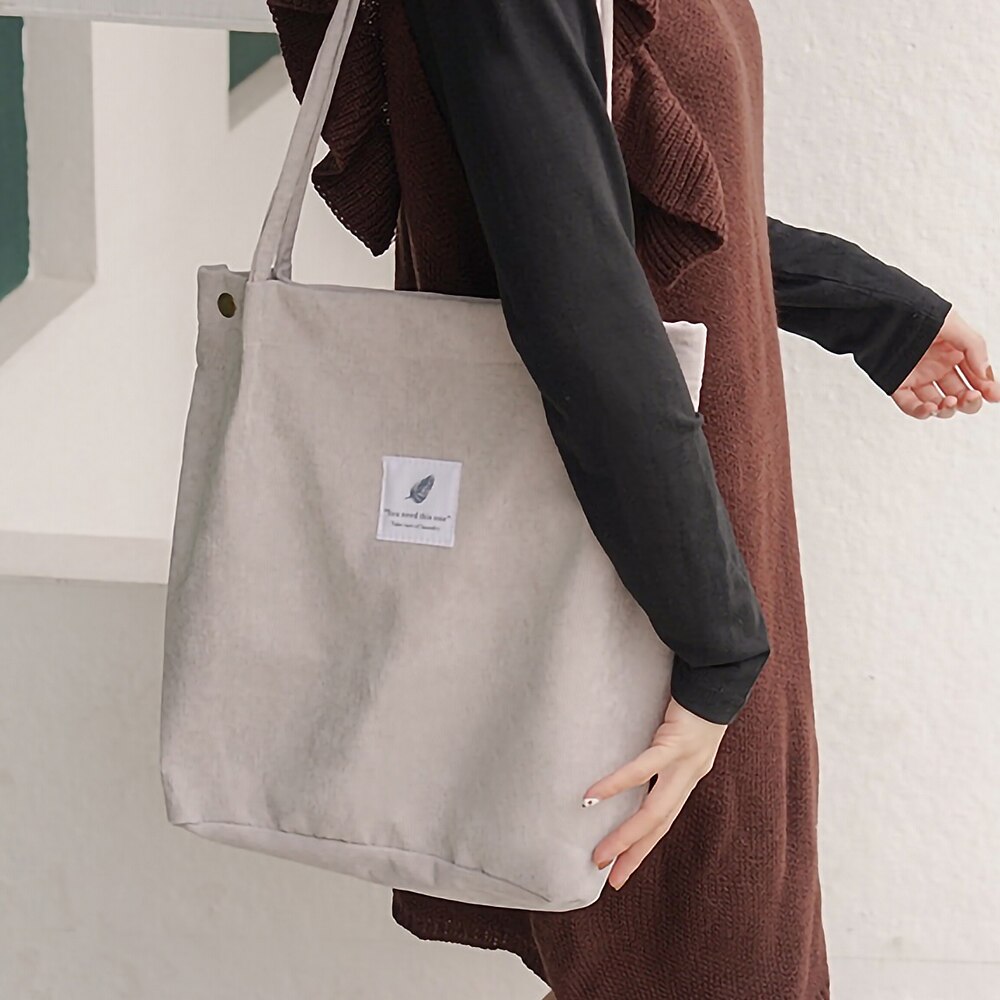 Bolso de pana para mujer, bolsa de compras de tela de lona, bolsa de lona ecológica, bolso de hombro de algodón de gran capacidad, bolsa de compra reutilizable: gray