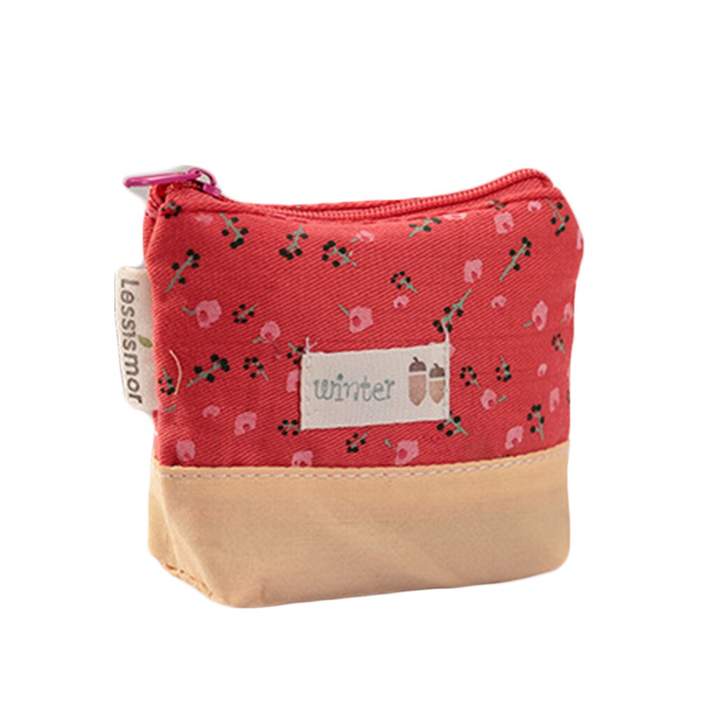 Portable Exquisite Flower Print Girils Zipper Canvas Pencil Case Key Coin Purse Makeup Bag Coin Bag: red