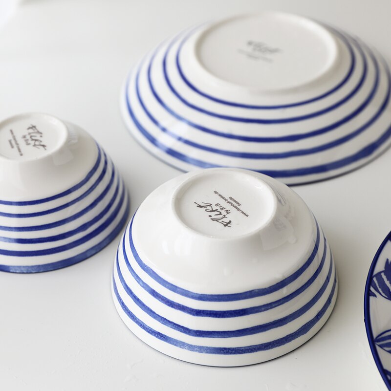 Serie con marino azul, vajilla con bajo vidriado de peces de la Marina, plato occidental, juego de cuencos de arroz de cerámica