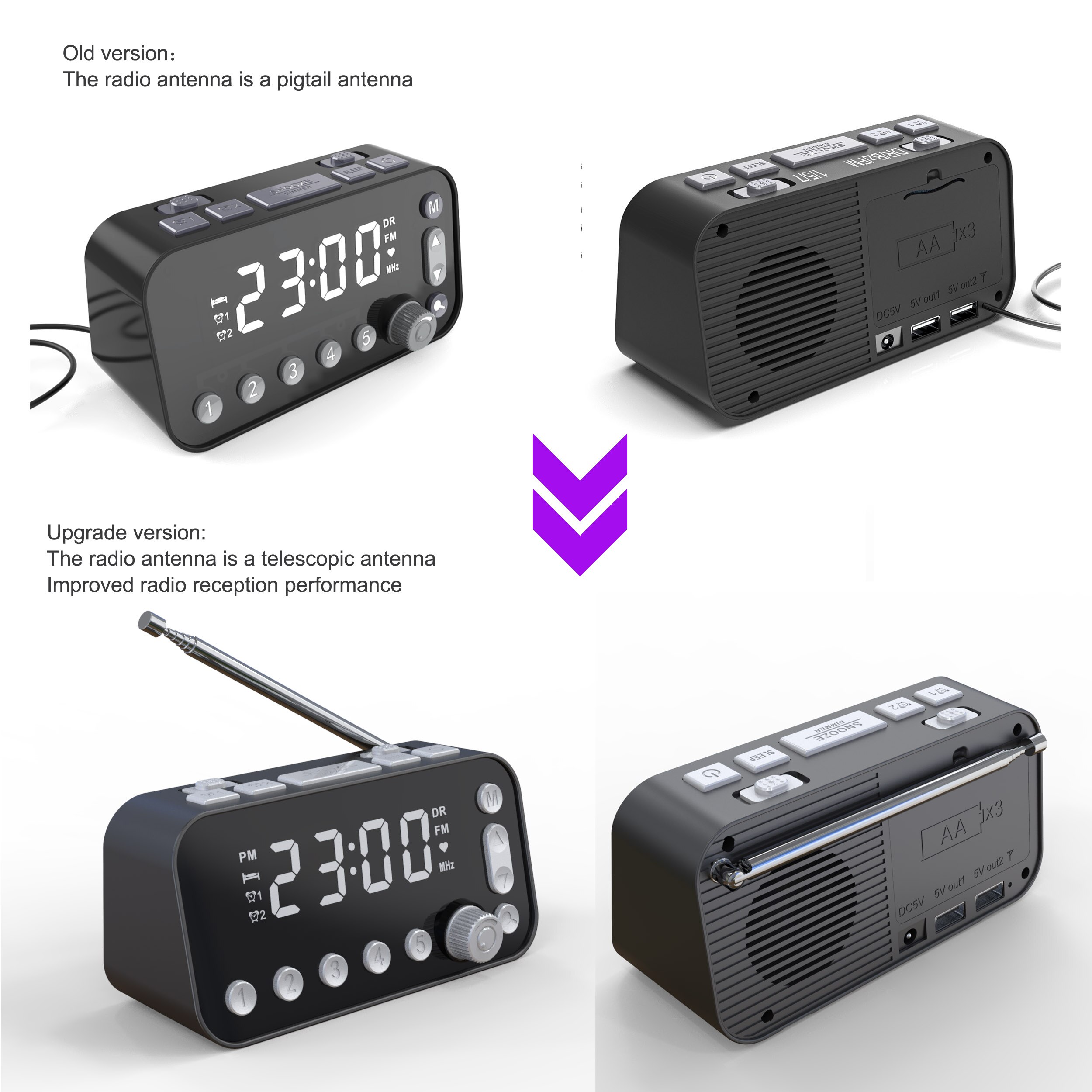 DAB-reloj despertador de mesita de noche, Radio grande Sn, Dual, USB, Radio, temporizador de sueño, Radio FM