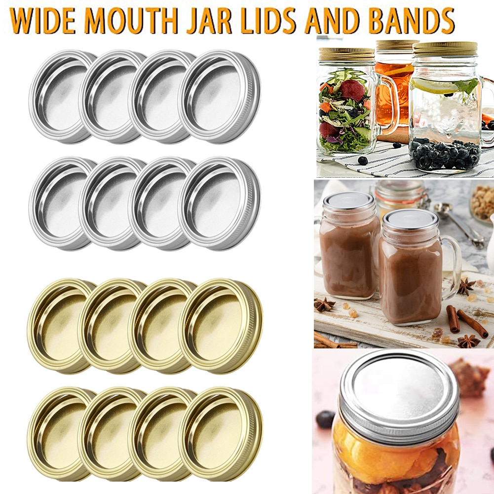 70/86mm Mason Jar Lids with Discs Wide Mouth Canning Mug Glass Lid Stainless Steel Top Covers Rust Resistant Screw Bands Rings